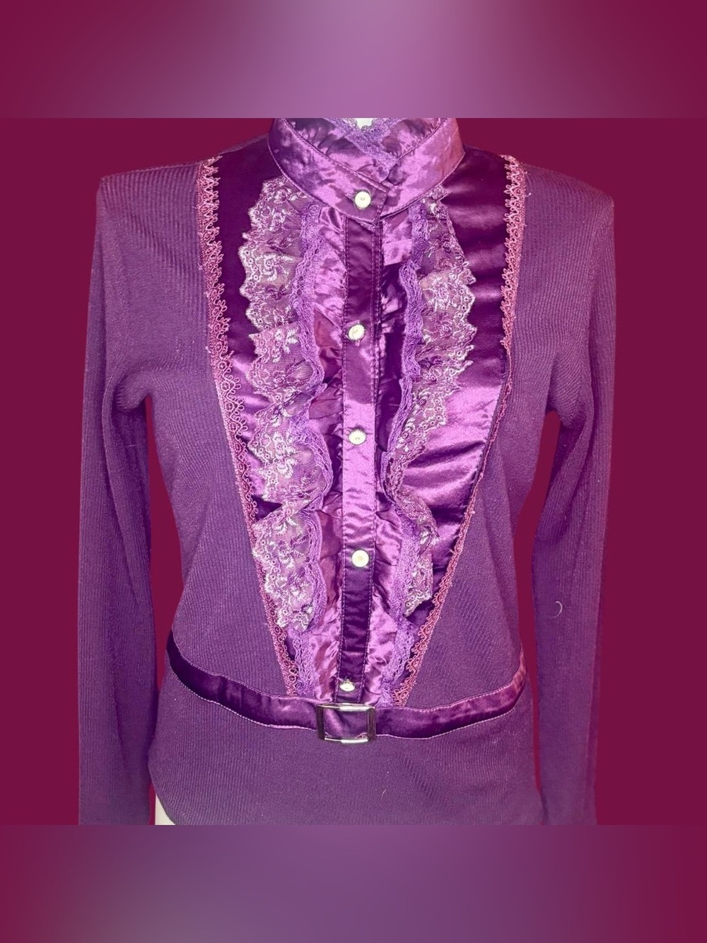 Nanshi Purple Satin & Lace Victorian‑Style Blouse